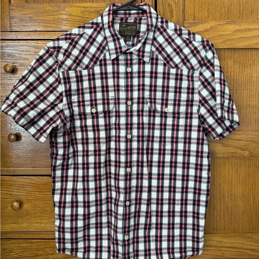 Lucky Brand Black and Pink Plaid Button Down Shirt